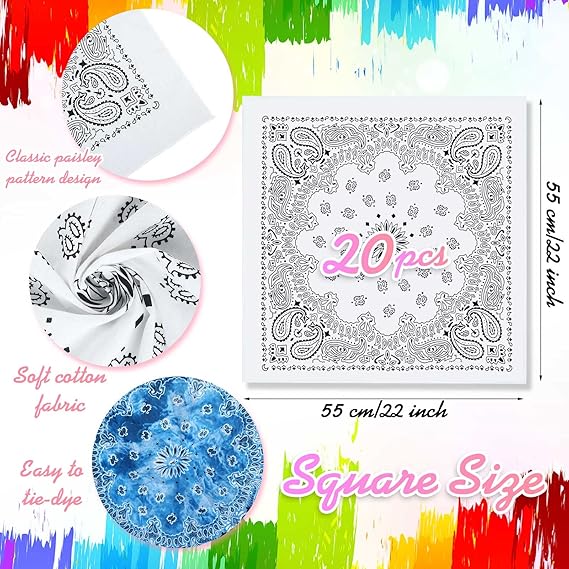 Bulk White Cotton Bandanas for Tie-Dye – Paisley DIY Scarf and Multipurpose Head Wraps. Perfect for Tie-Dye Parties, Crafts, and Creative Favors.