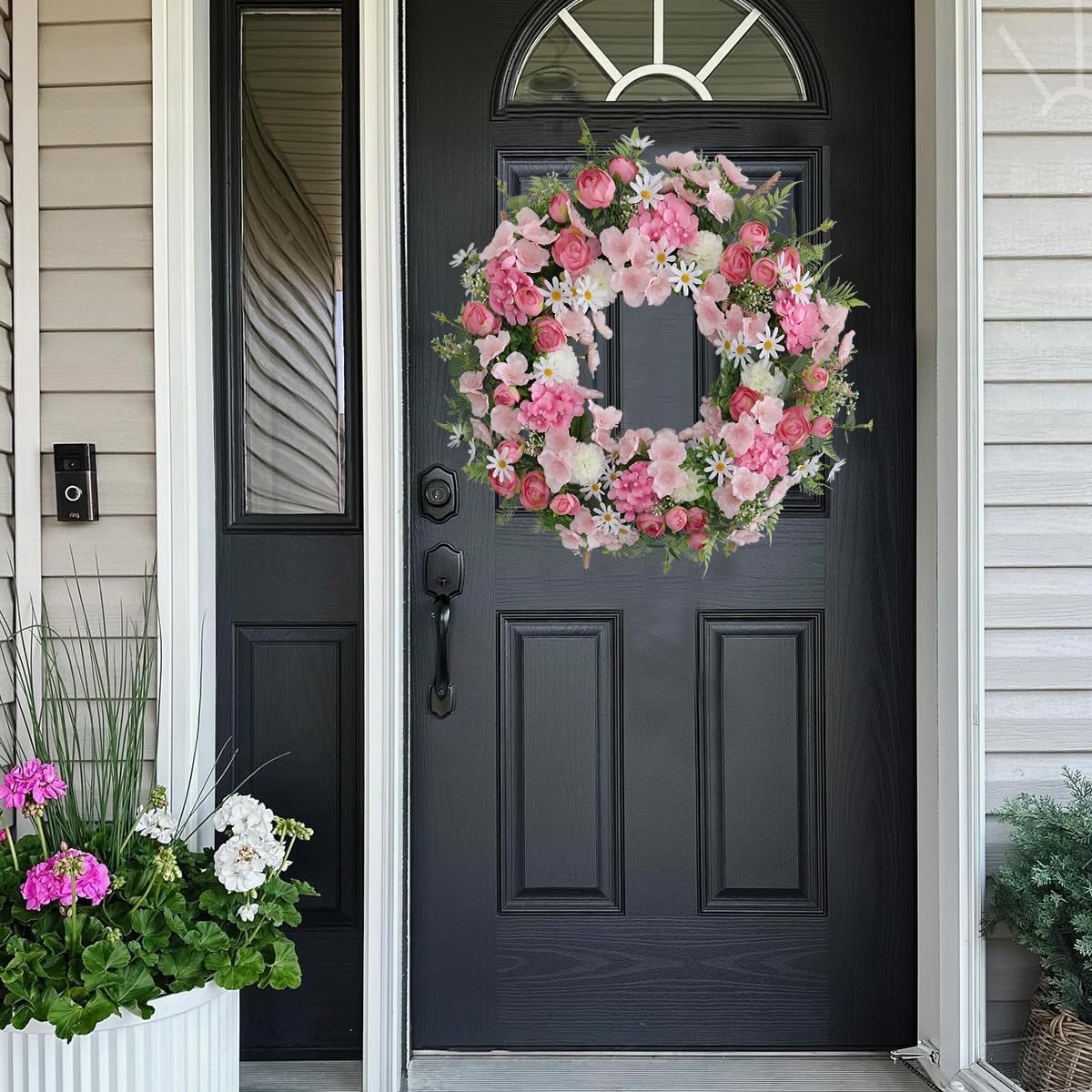 Pink Flower Door Wreath 24-26 Inch – Spring Summer Easter Wreath with Faux Silk Rose Hydrangea White Chrysanthemum Eucalyptus Leaves