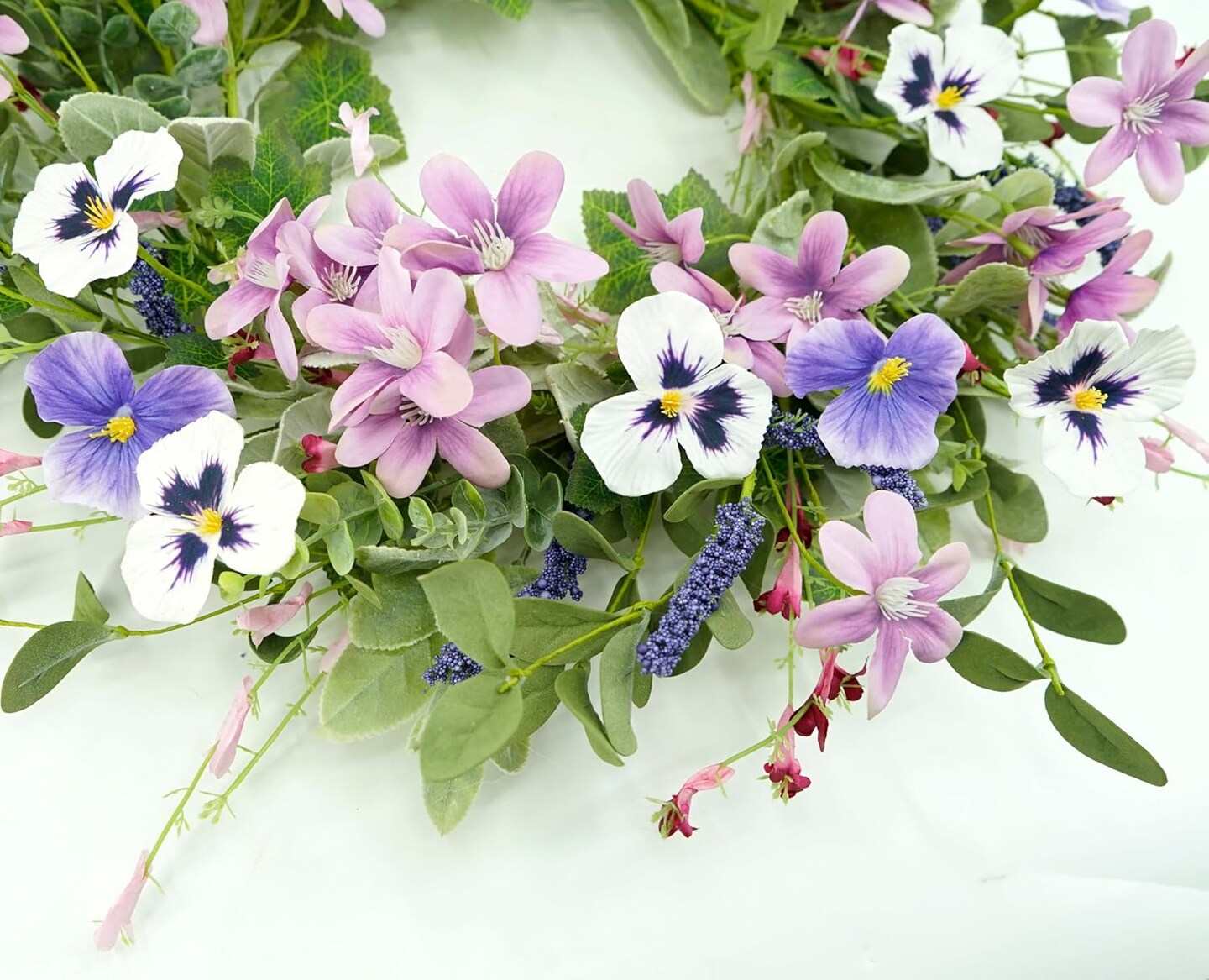 Summer Wreaths for Front Door Summer Wreath with Pansy Flower,Lamb Ear Leaves,Ivy Leaf for Indoor Outdoor Farmhouse Porch Wall Holiday Window Decoration