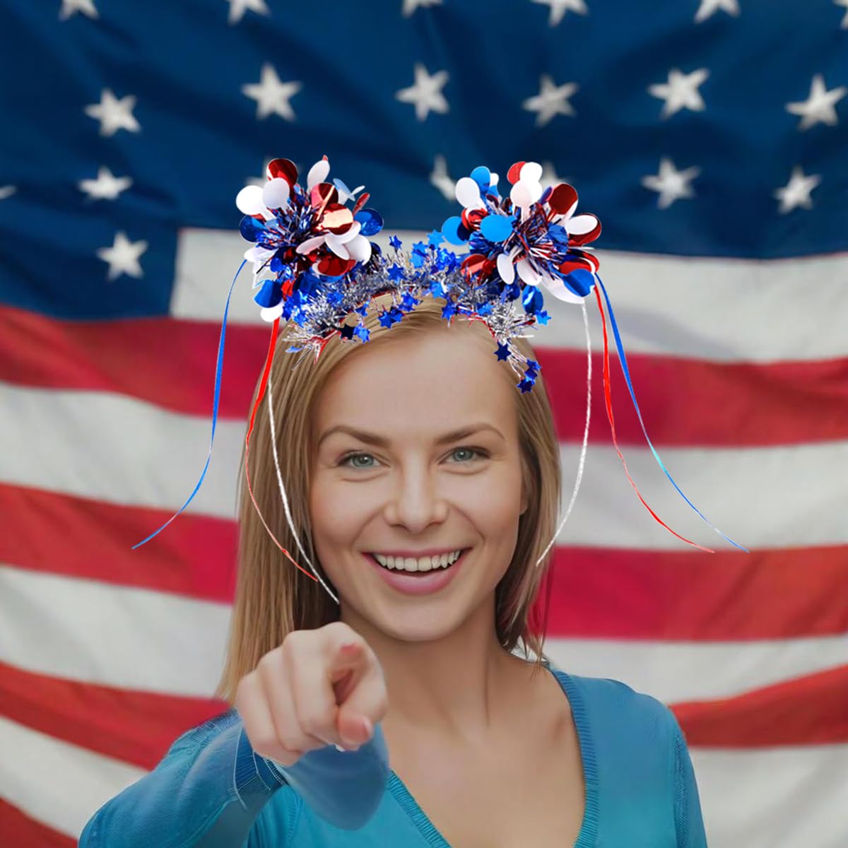 4th of July Headband - Patriotic Headband - Red White Blue Sequin Dots Star Design Headbands for Patriotic Accessories - 4th of July Outfits for Women