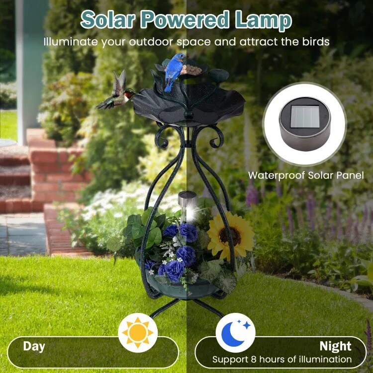 Solar Outdoor Bird Bath &#x26; Feeder Combo with Flower Planter
