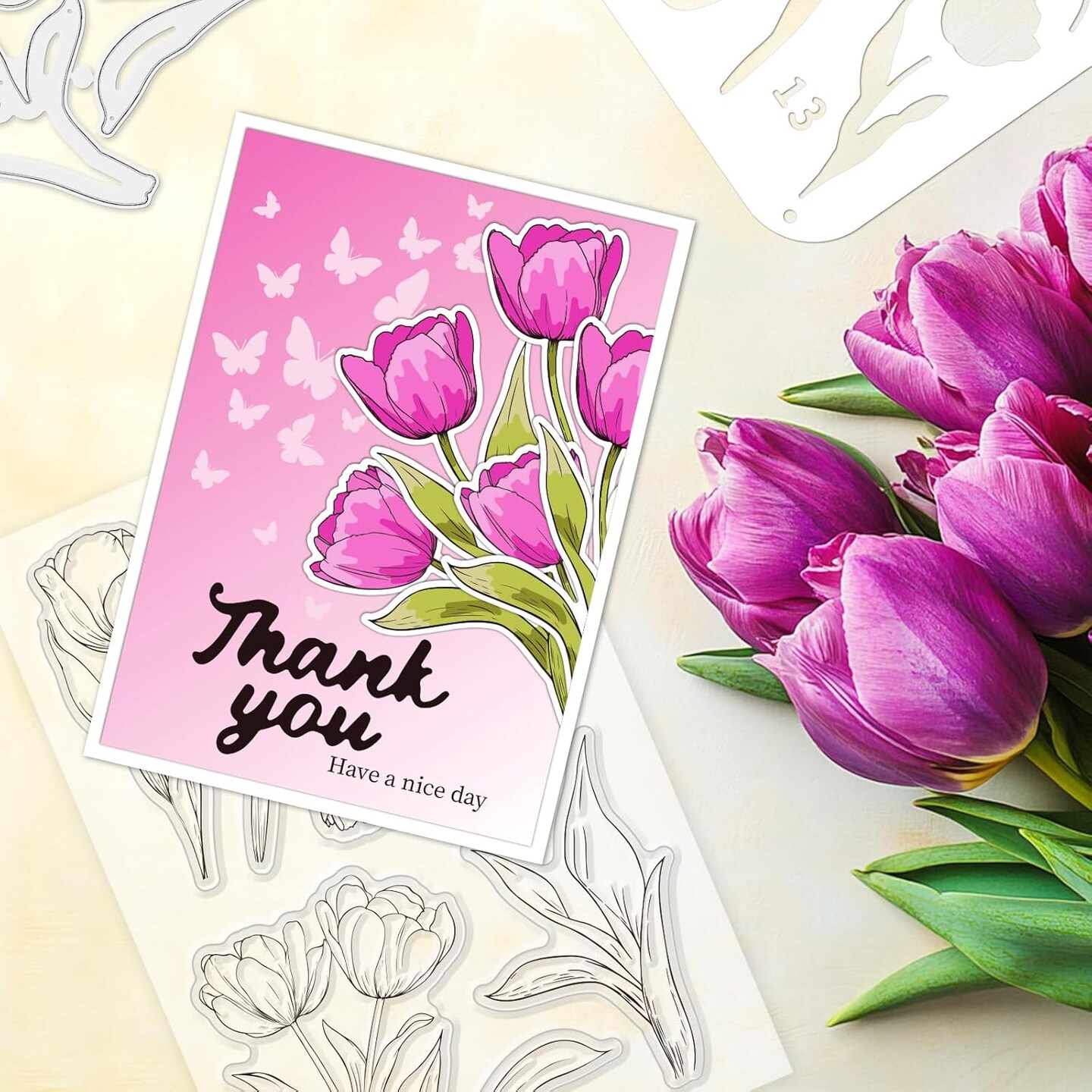 Stamps and Dies for Card Making, Mother's Day Tulip Stamps Die Cut Stencils Clear Stamps Set Layering PET Coloring Stencil