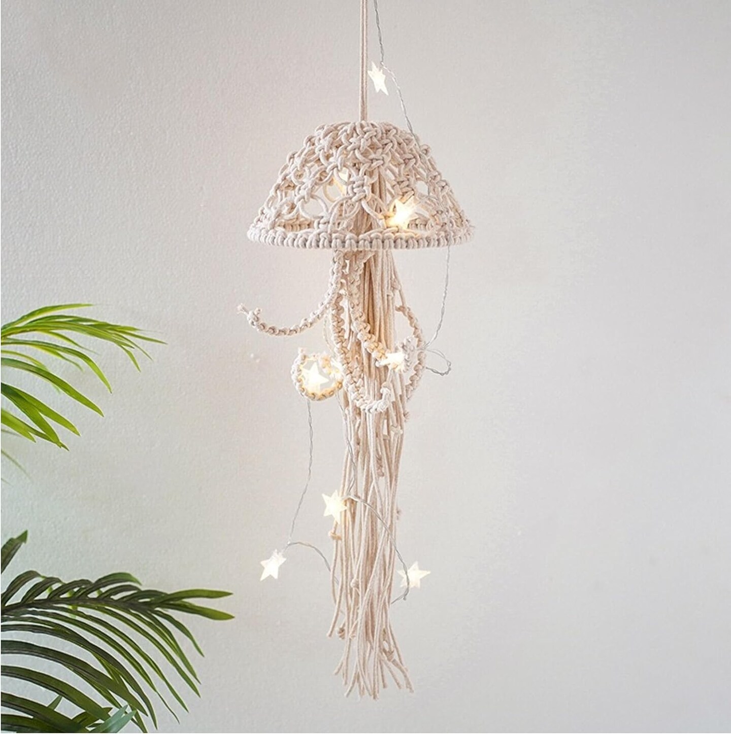 Macrame Wall Hanging,Jellyfish Dream Catcher with Star Lights,Bohemian Woven Wall Art Decor Beautiful Apartment Dorm Room Door Decoration