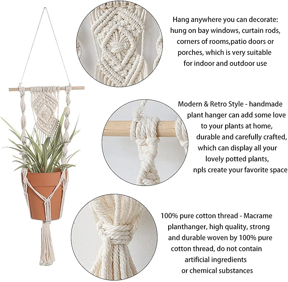 Boho Macrame Plant Hangers – Handmade Hemp Rope Hanging Baskets with Ceiling Hooks, Bohemian Wall Art and Home Decor