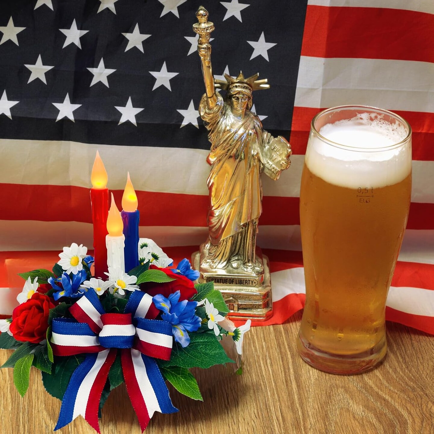 4th of July Decorations,Patriotic Floral Arrangement Centerpiece for Table, Red White and Blue Fake Flowers Fourth of July Taper Flameless Candles for Independence Day Home Decor