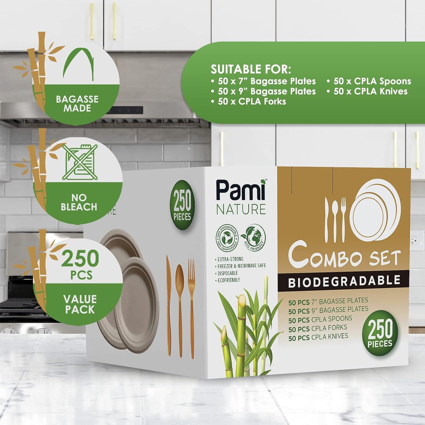 250-Piece Eco-Friendly Disposable Dinnerware Set with Biodegradable Plates, Cutlery, Cups, Degradable Tableware for Parties and Events