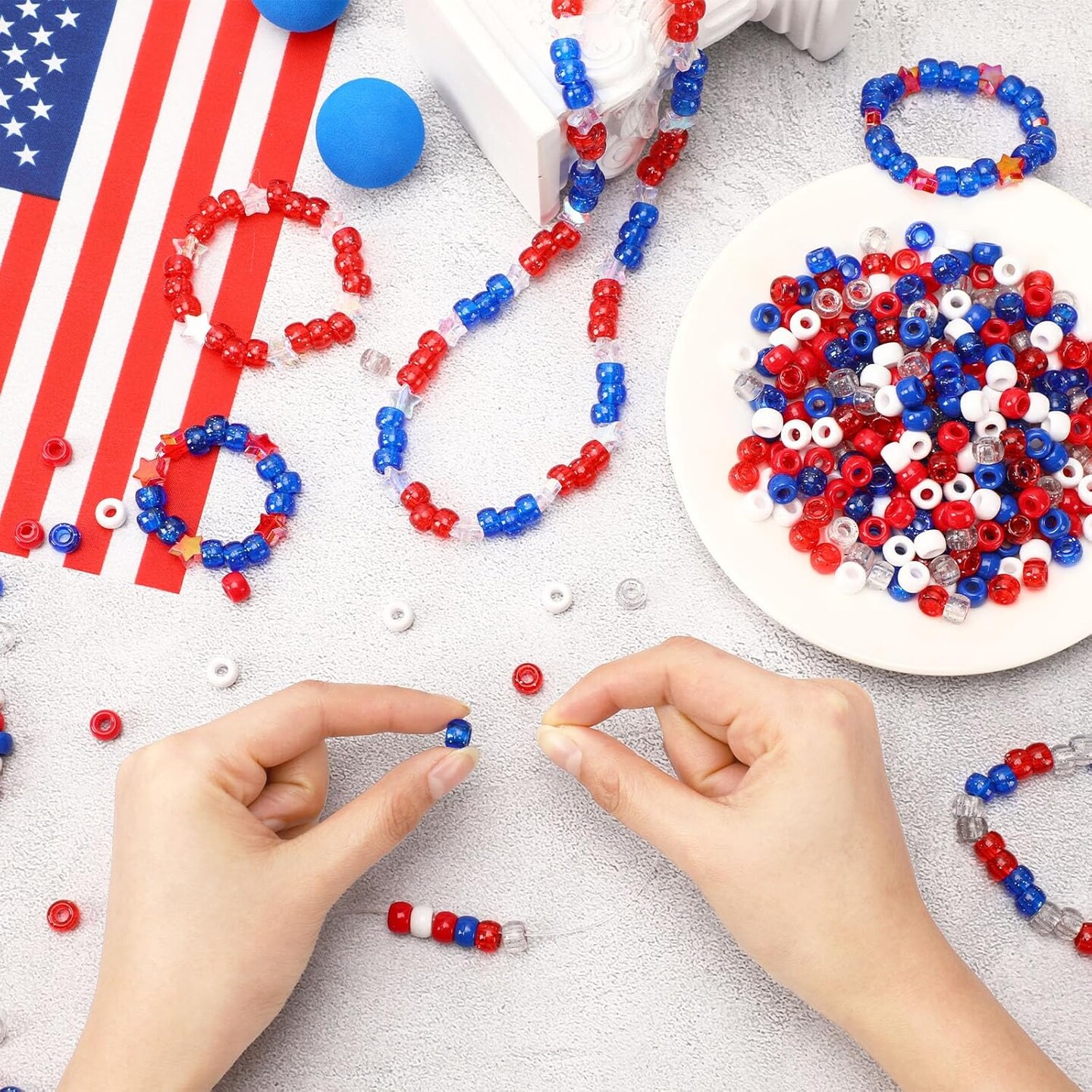 1200Pcs Red White Blue Pony Beads, 1200Pcs Independent Day Patriotic Beads 4th of July Pony Beads for Jewelry Making Crafts DIY Necklace Bracelets Hair Beads