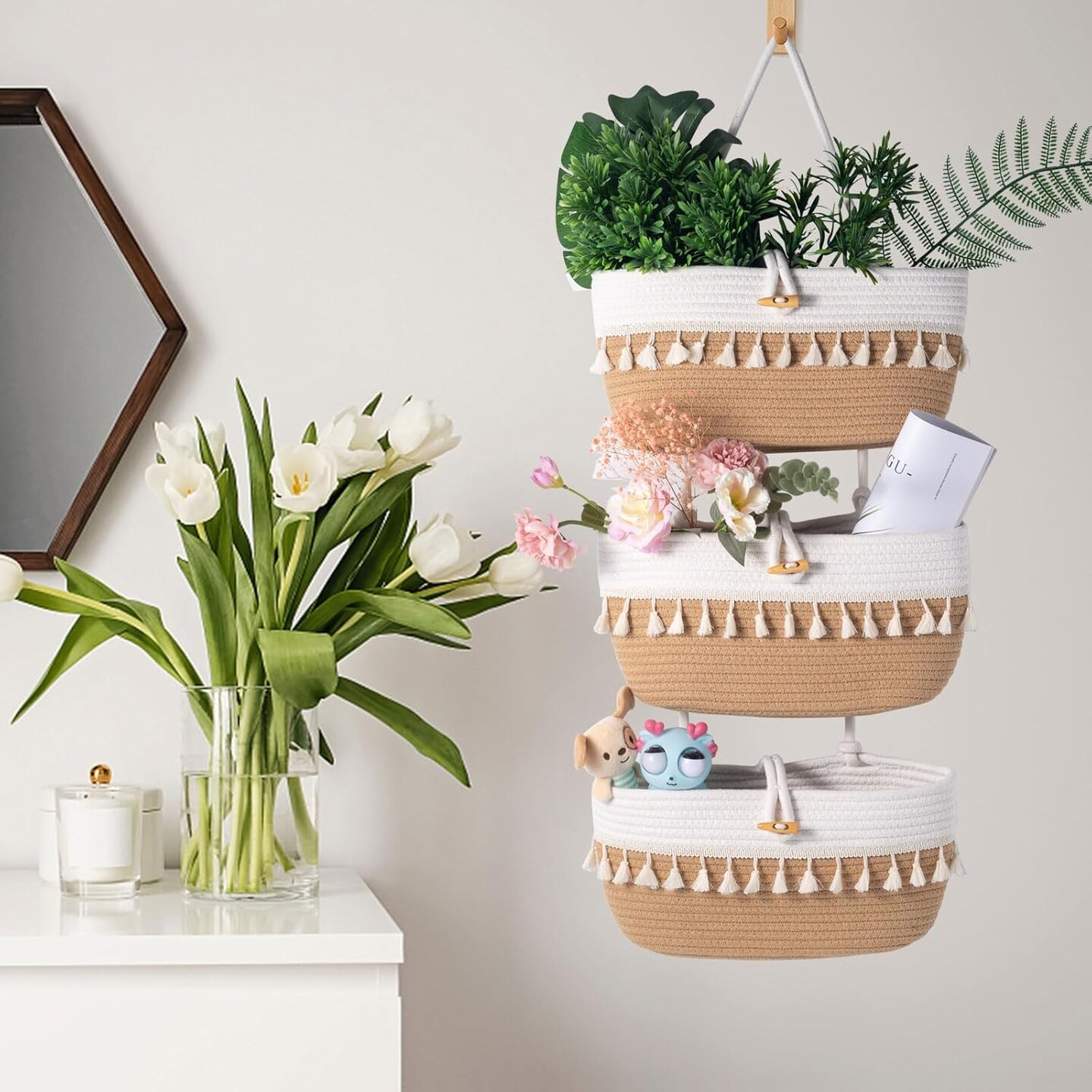 Over-the-Door Macrame Basket – 3-Tier Cotton Rope Wall Hanging Organizer, 14.5"x7", Decorative Storage for Closet, Living Room, or Bedroom