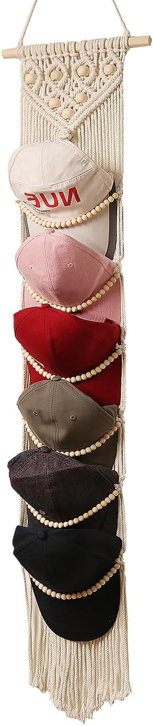 Boho Macrame Wall Hat Hanger – 1-Pack Baseball Cap Holder, Over-the-Door & Wall-Mounted Rack for Display and Storage
