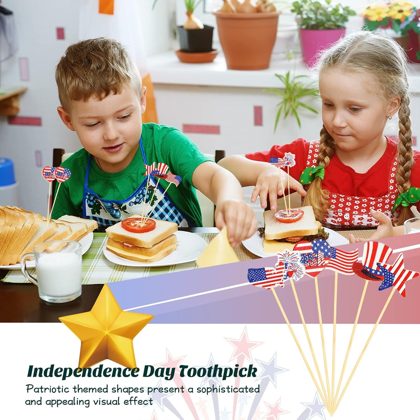240 Pcs 4th of July Toothpick Patriotic Cocktail Picks American Flag Cupcake Topper 4.72 Inch Bamboo Fruit Sticks for Independence Day USA Party Favors Decorations Supplies, 6 Styles