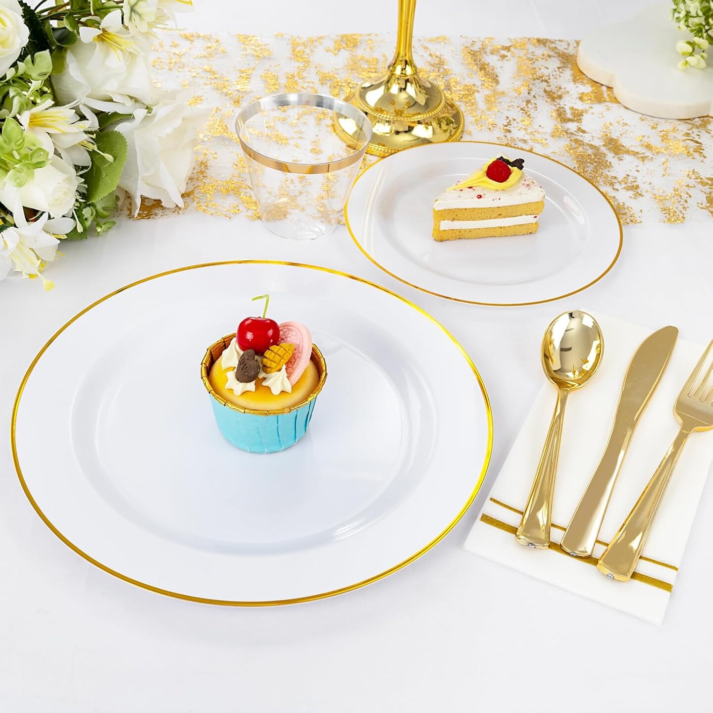 350 PCS Elegant White and Gold Disposable Dinnerware Set - Premium Dinner &#x26; Salad Plates, Cups, Napkins &#x26; Cutlery for 50 Guests - All-Inclusive Party Plastic Plates