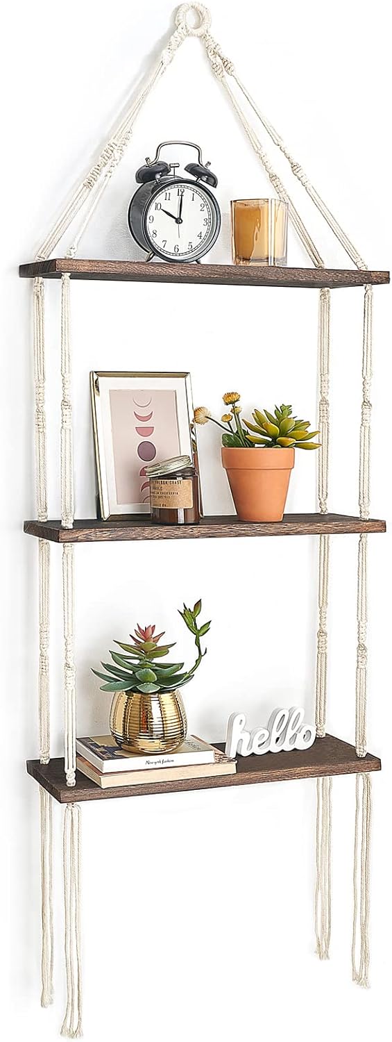Macrame Wall Hanging Shelf 3 Tier Wood Floating Shelves with Cute Woven Rope Boho Room Decor Display Photos Plant Hanging Storage Shelves for Bathroom