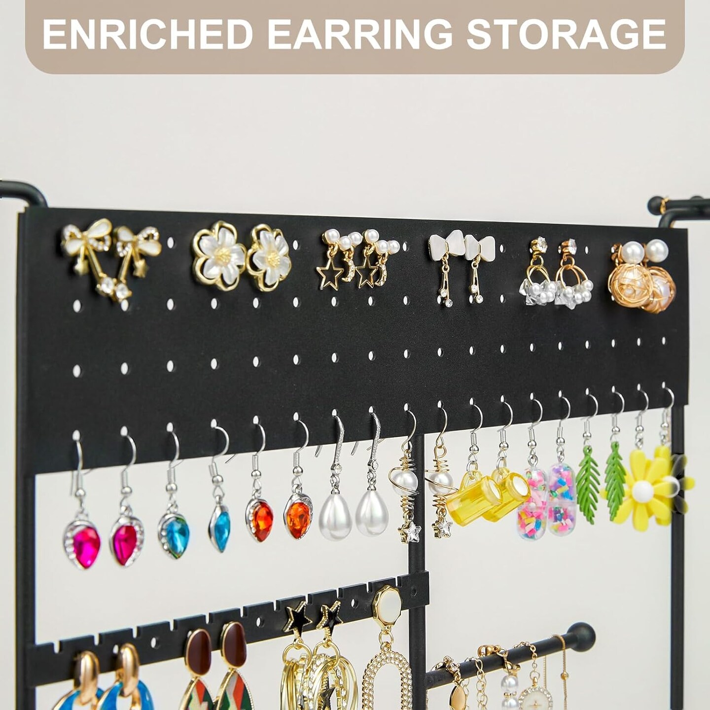 Earring Holder, Ear Stud Organizer with Wooden Tray,Earring Display Stand with 360&#xB0; Rotating Necklace Holder,Jewelry Organizer Stand for Earrings Bracelets Watches and Rings,Black