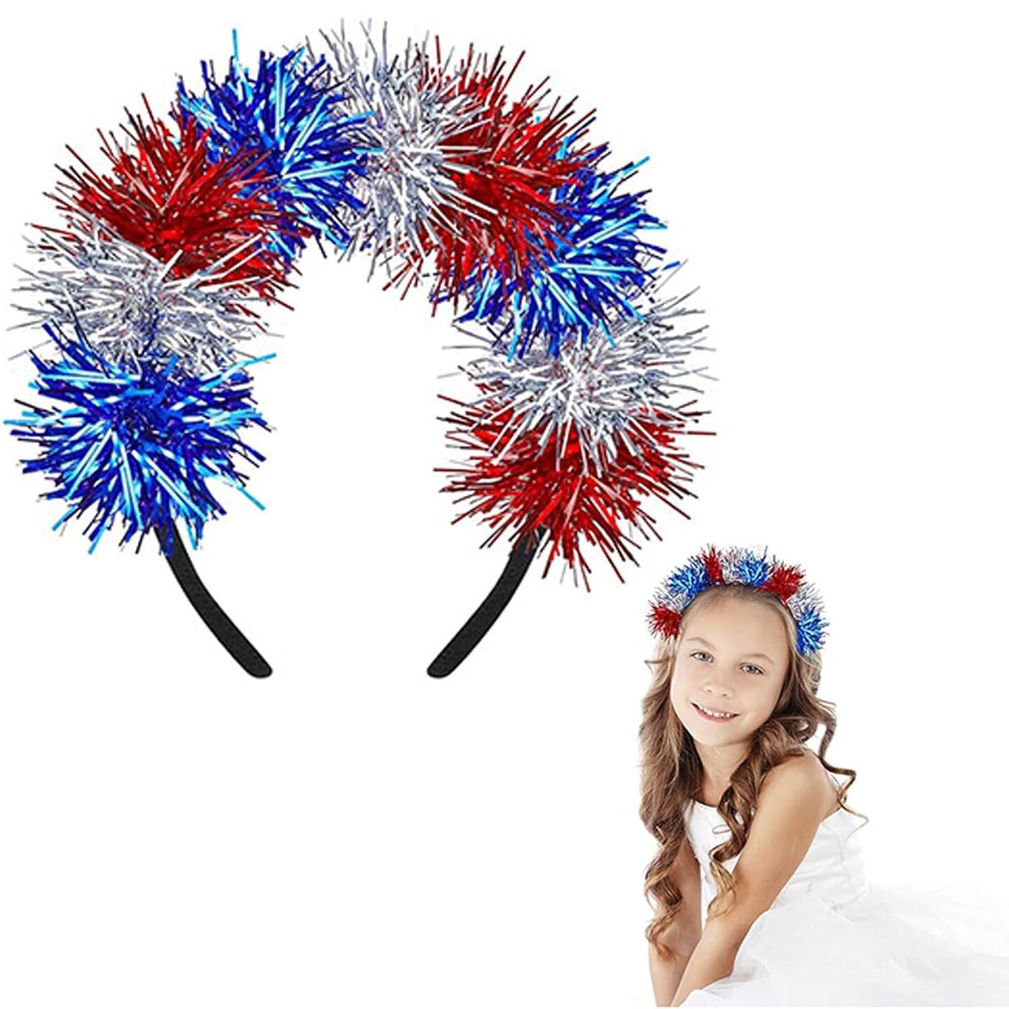 4th of July Headband Patriotic Hair Hoop Head Boppers Red White Blue Glitter Tinsel Headband for Women Girls Flashing Design Independence Day Hair Accessories for Veteran&#x27;s Day and Memorial Day