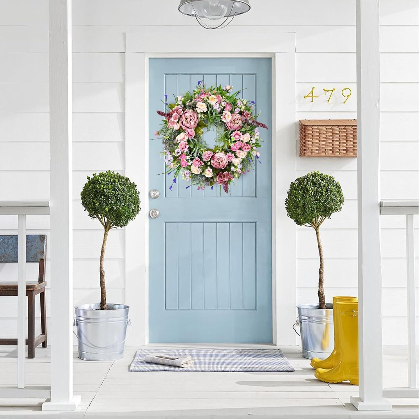 Peony Spring Summer Wreath for Front Door 20inch, TechKen Handmade Articial Blooming Peony Succulent Wreath