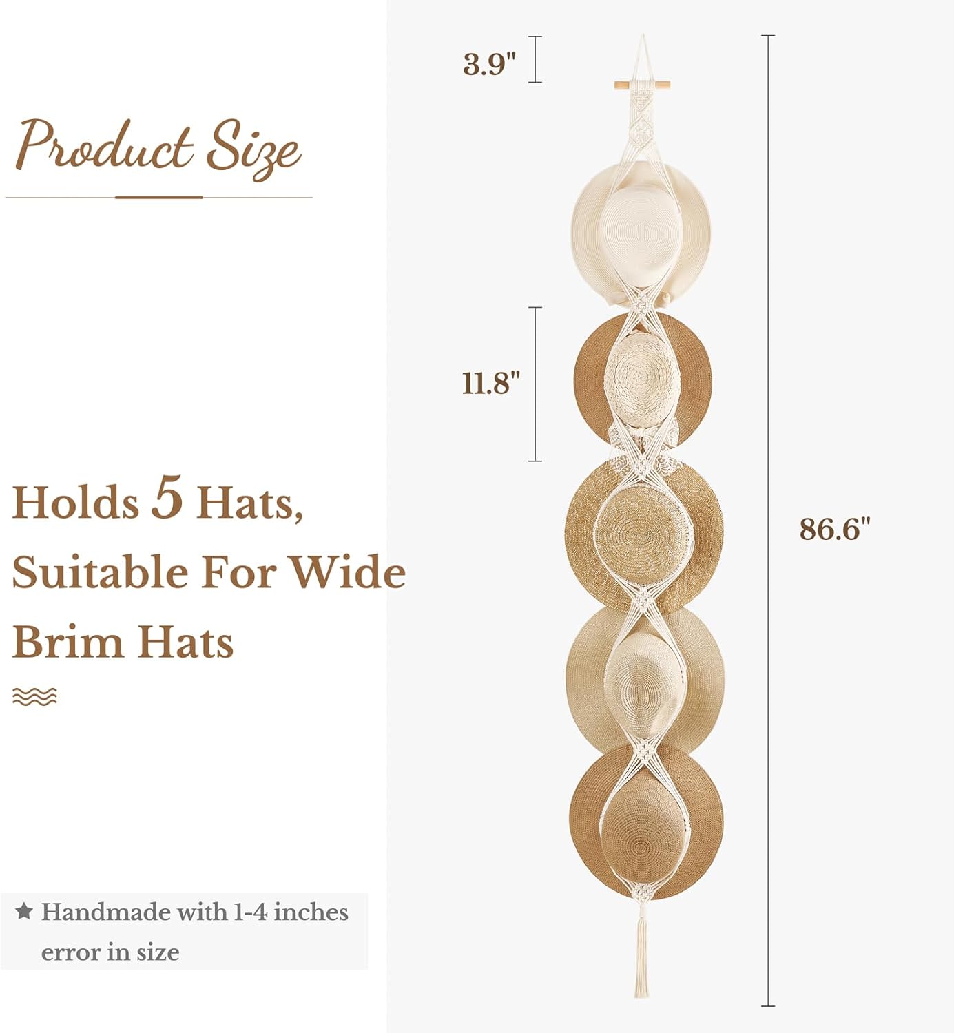Macrame Hat Hangers Hat Rack for Wall Cowboy Hat Organizer Hanging Display Hand Weaving Bobo Hat Holder Westen Decor for Wide Brim Hats Bowler Fedora Hats, 5 Hats Style