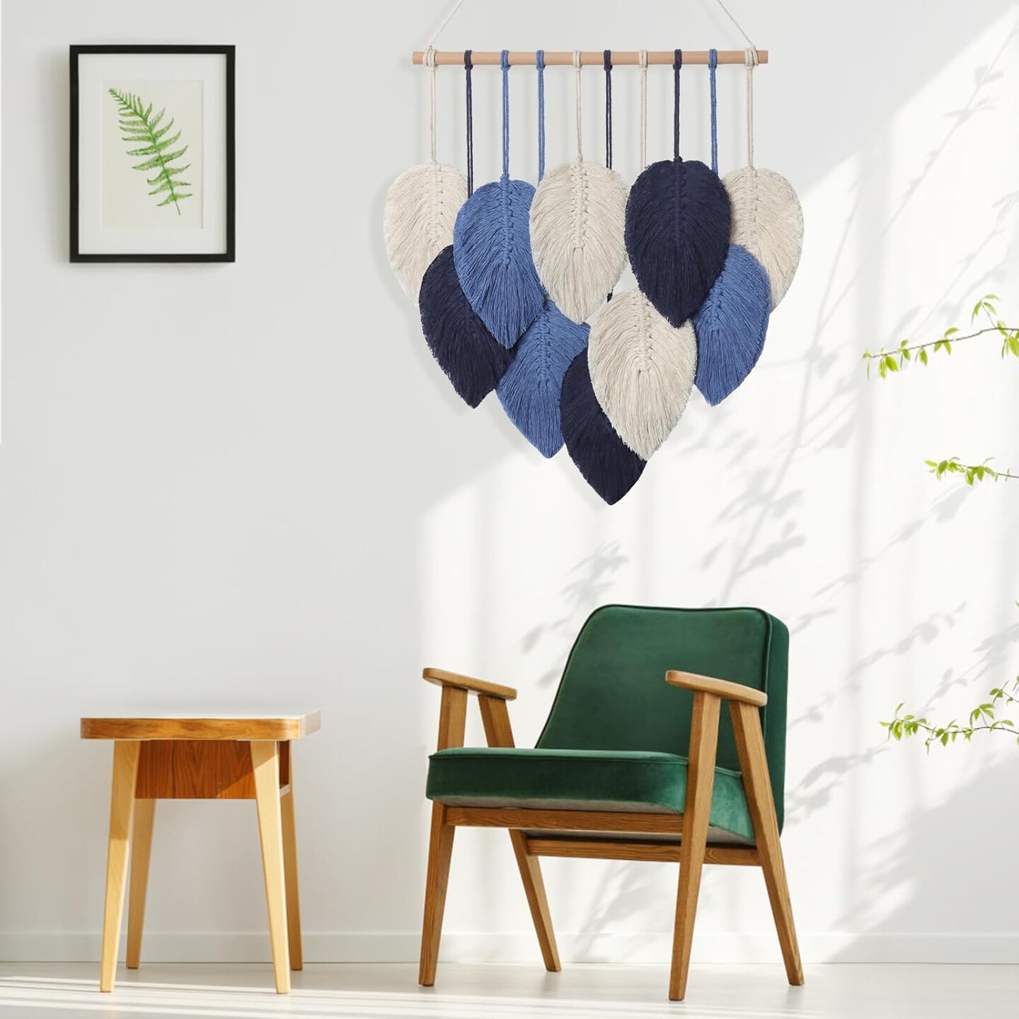 Macramé Wall Hanging – Navy Blue Woven Leaf Tapestry with Tassels, Handmade Cotton Boho Feather Wall Art for Apartment, Bedroom, or Modern Bohemian Room Décor Backdrop