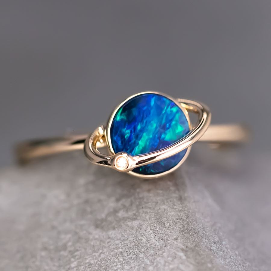 Earth and Moon Design Doublet Opal Diamond Ring 18K Yellow Gold