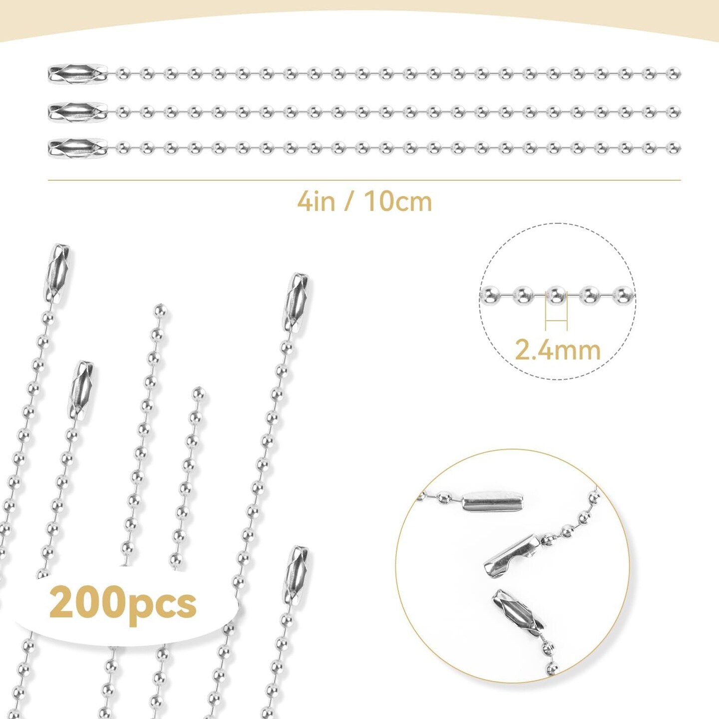 200 Pcs Silver 3.9 Inch / 10 cm Stainless Steel Ball Bead Chain with Locking Clasp for Jewelry Making, DIY Crafts, Hanging Christmas Decoration