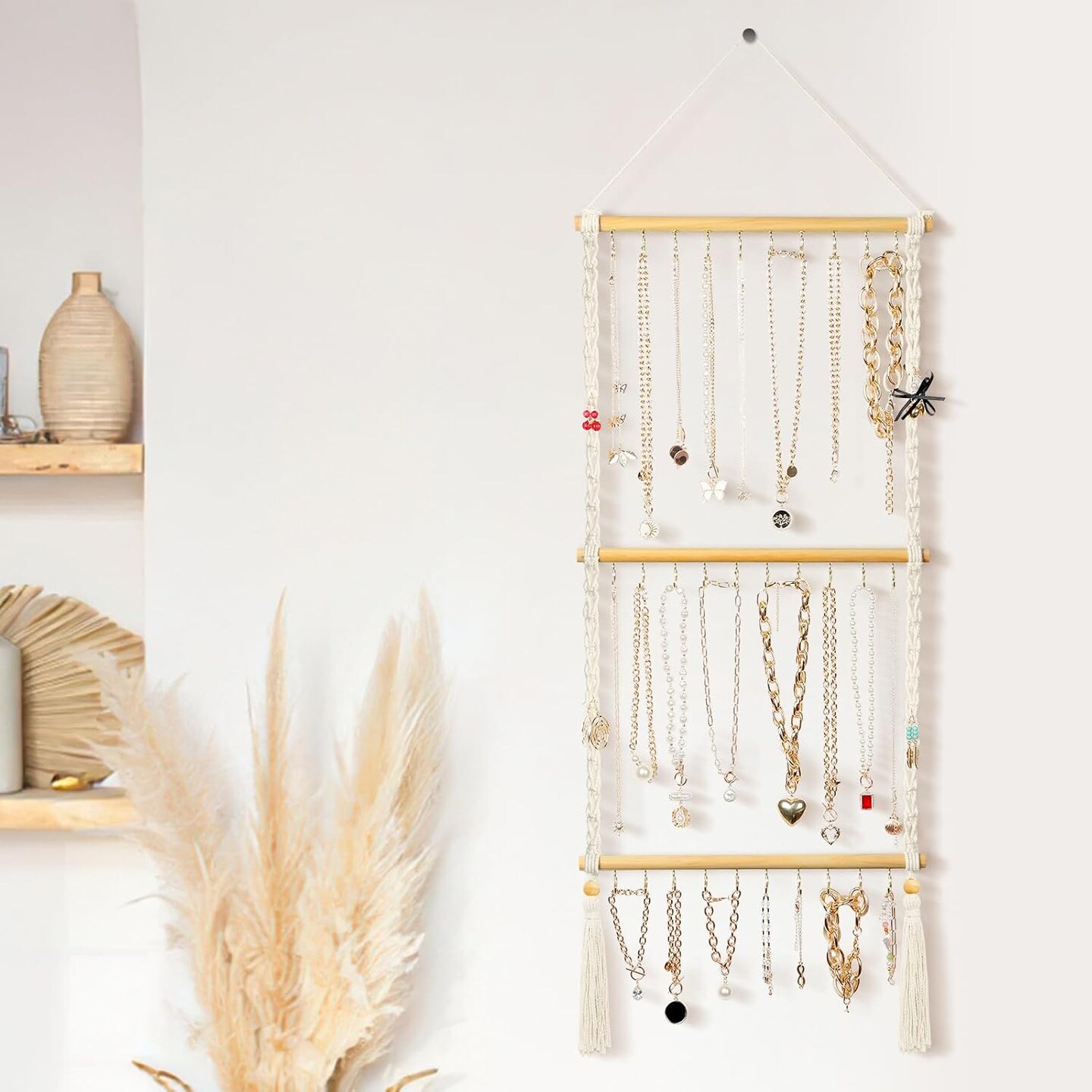 Hanging Jewelry Organizer Macrame Necklace Holder, with 30 Hooks, Over Door Necklace Rack, Wall Mounted Jewelry Hanger with Tassel Boho for Necklace Headband Bow Earring Bracelet