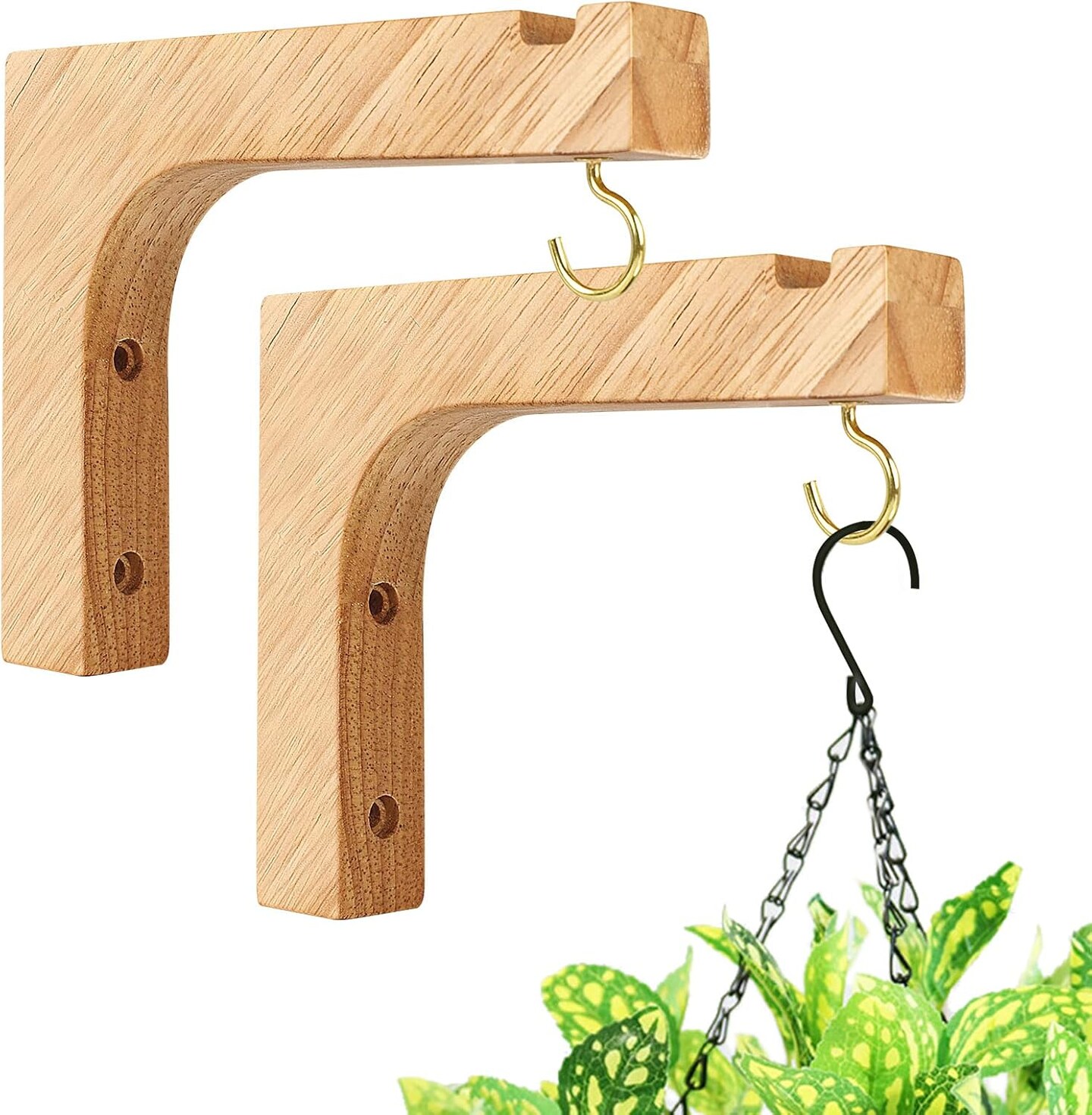 Macrame Plant Hanger, Hanging Wall Planters for Indoor Plants, Wooden Hanging Basket Hooks for Outdoor Pots Wind Chime Flower Bracket Lanterns Patio Garden Decoration (2-Pack,5-Inch)