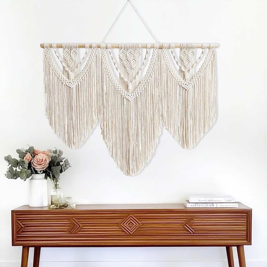 Large Handmade Boho Macrame Wall Hanging Tapestry Chic Bohemian Woven Wall Art for Living Room, Bedroom, or Wedding Party Decor (Beige, Twelve Rhombus Design)