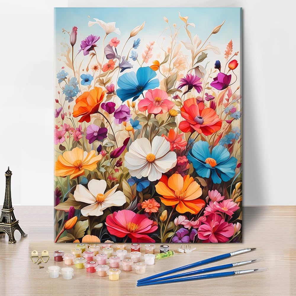 Floral Paint by Numbers for Adults, Abstract Flowers Paint by Number Kits for Beginner with Brushes and Pigment, Wildflowers Oil Painting for Home Wall Decoration, 16x20 Inch