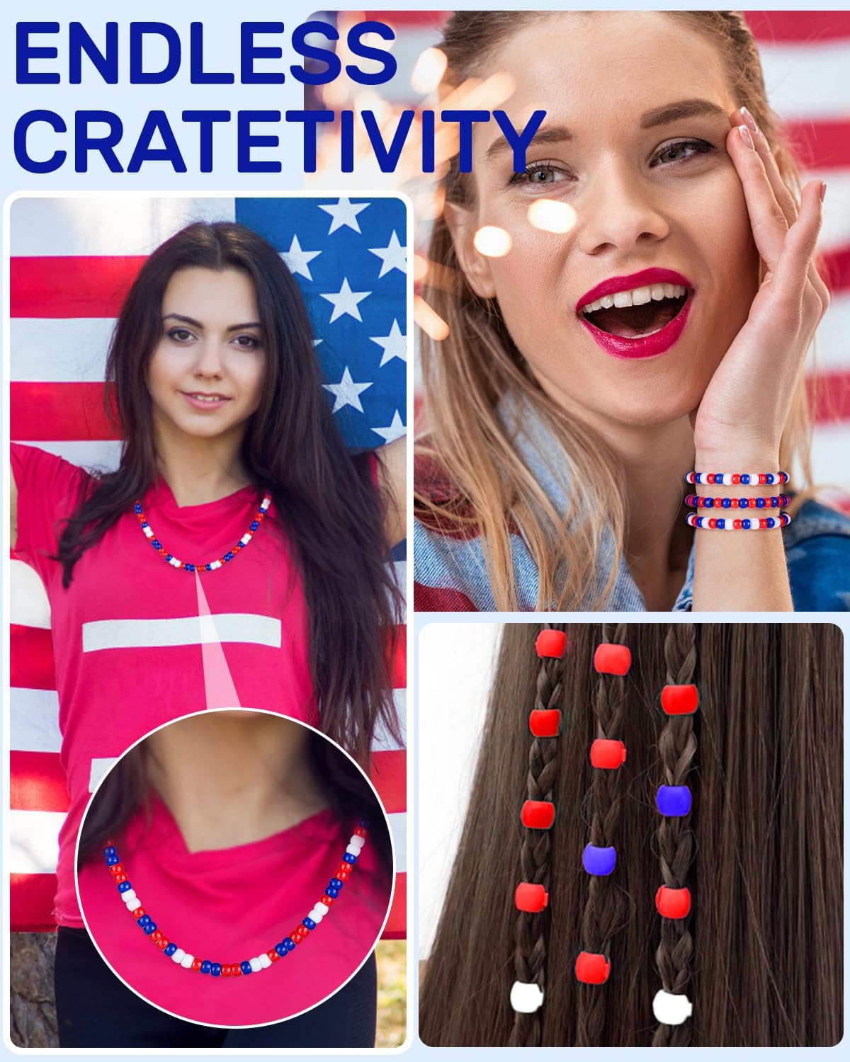 1000+ Pcs Patriotic Pony Beads - Red, White & Blue Kandi Beads for Bracelets & Hair