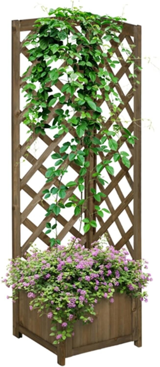 57&#x22; Carbonized Wooden Raised Garden Corner Planter Bed with Trellis