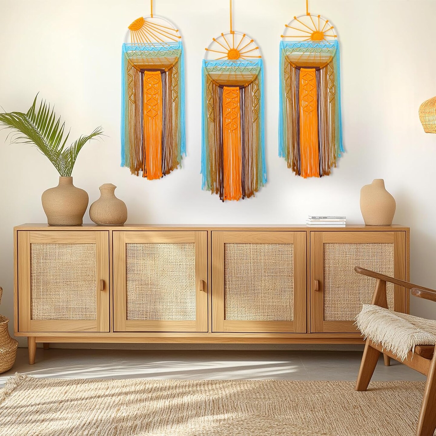 Macrame Wall Hanging Decor Boho Woven Tapestry Sunrise Dream Catcher with Colorful Tassel Sun Macrame Tapestries Wall Art Decor for Bedroom Nursery Living Room