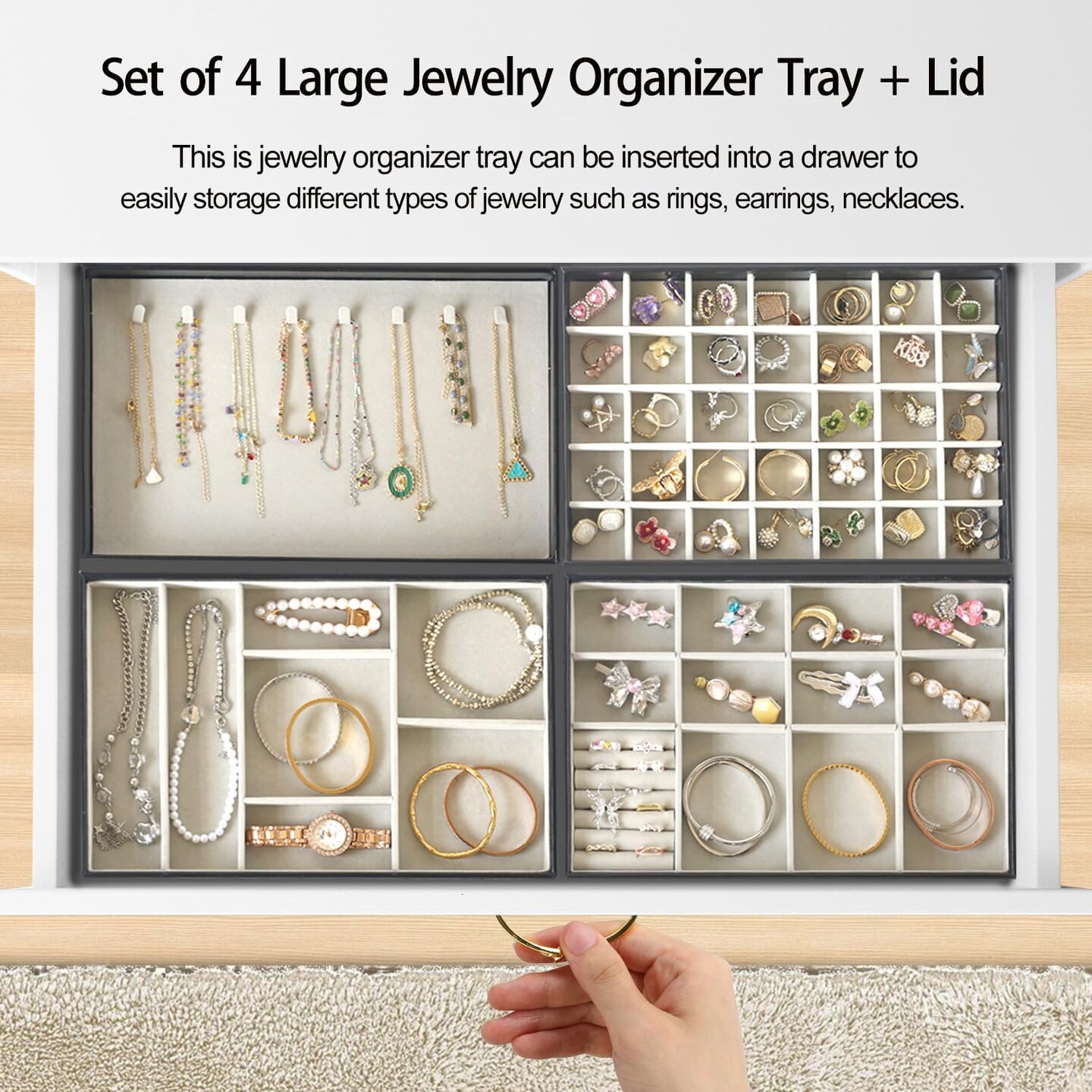 Jewelry Organizer Tray with Lid, Extra Large Set of 4 Stackable Jewelry Organizer Holder for Drawer Inserts, PU Leather Jewellery Storage Display for Ring Earring Necklace Bracelet (Black)