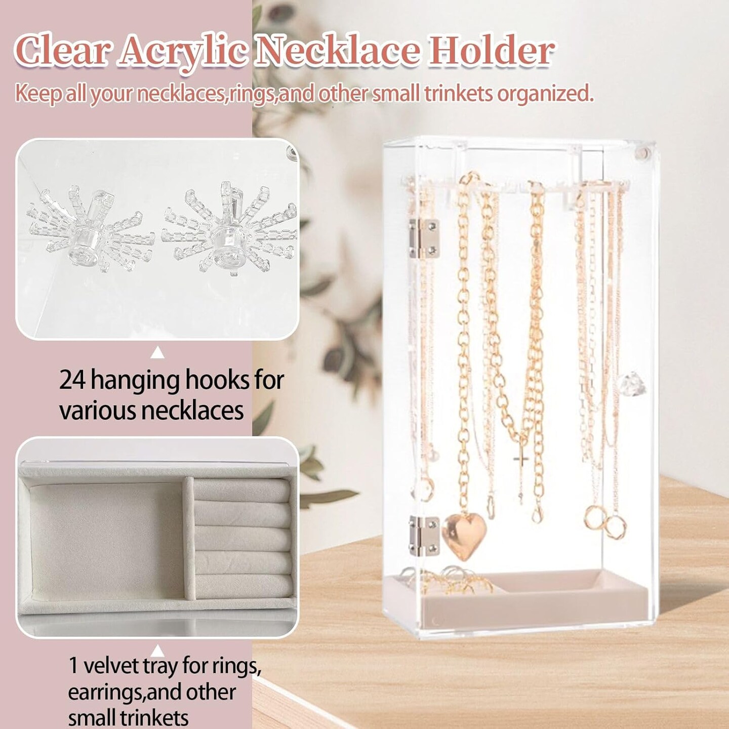 Acrylic Necklace Holder Jewelry Organizer Storage Box with Velvet Tray, Rotating Earring &#x26; Necklace Display Stand, 24 Hooks Clear Storage Rack for Bracelets, Rings, Long Necklaces