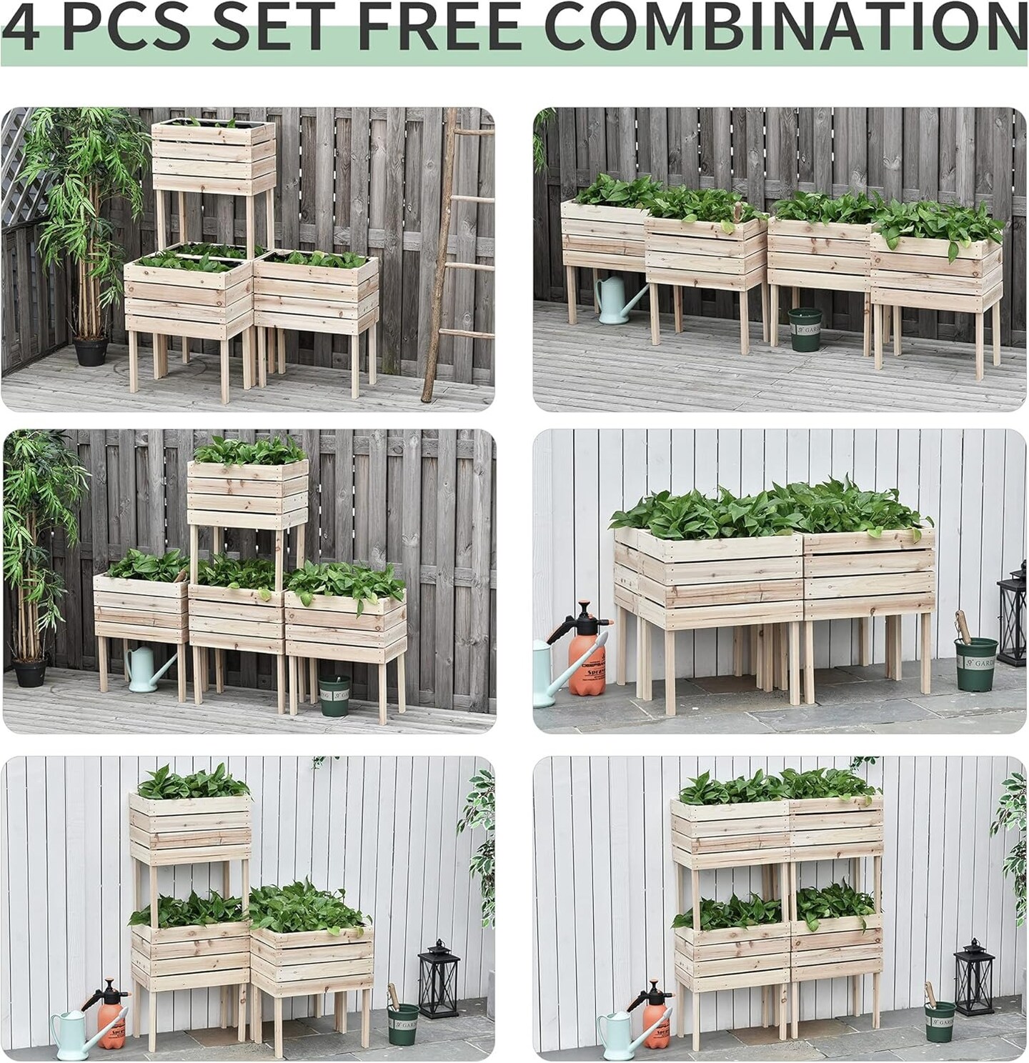 4-Piece Wooden Stacking Raised Garden Planter Boxes Beds