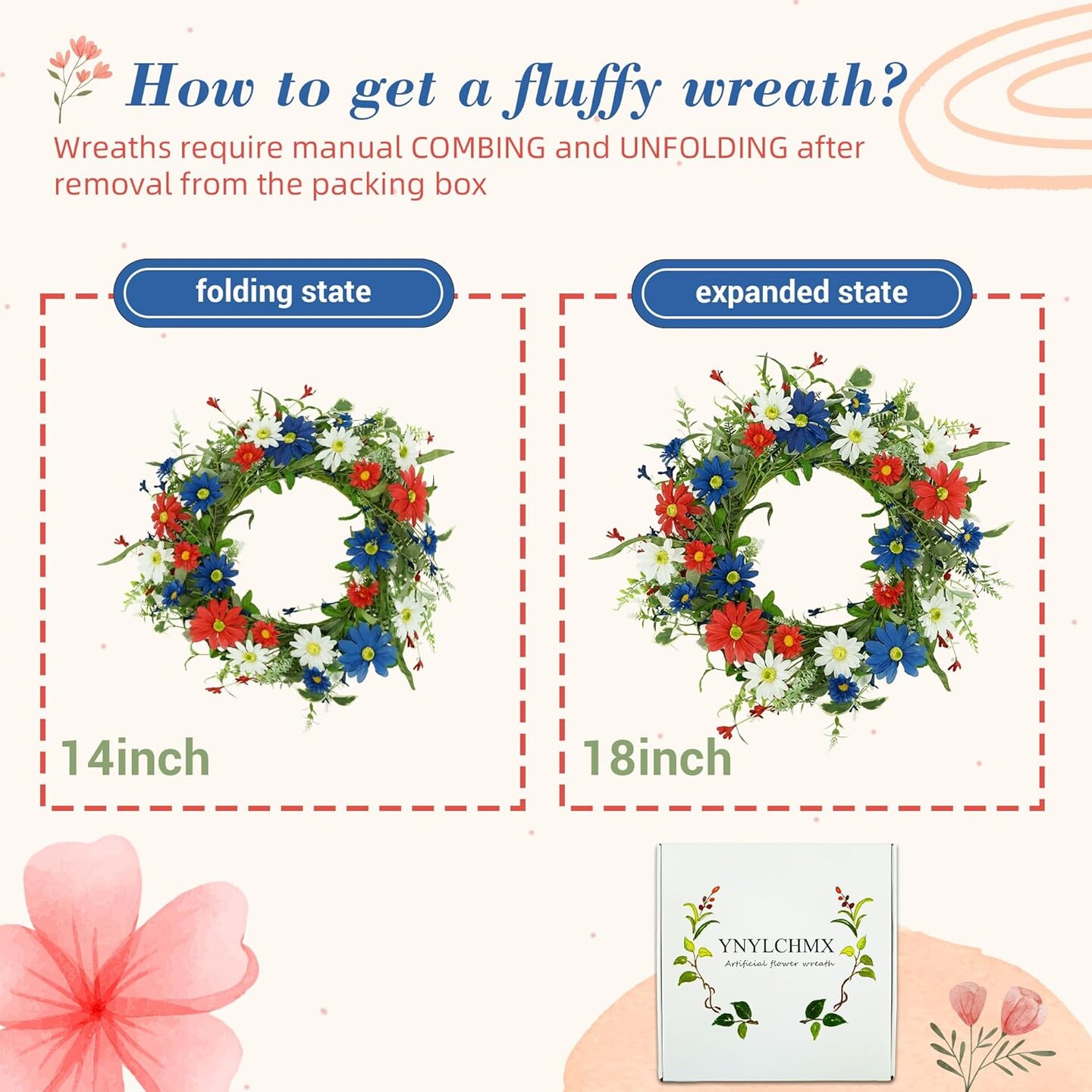 July 4th 18" Spring Summer Wreaths for Front Door, Patriotic American Wreath with Daisy Flowers Leaves, Artificial Floral Green Foliage for Wall Window Farmhouse Party Holiday Decor