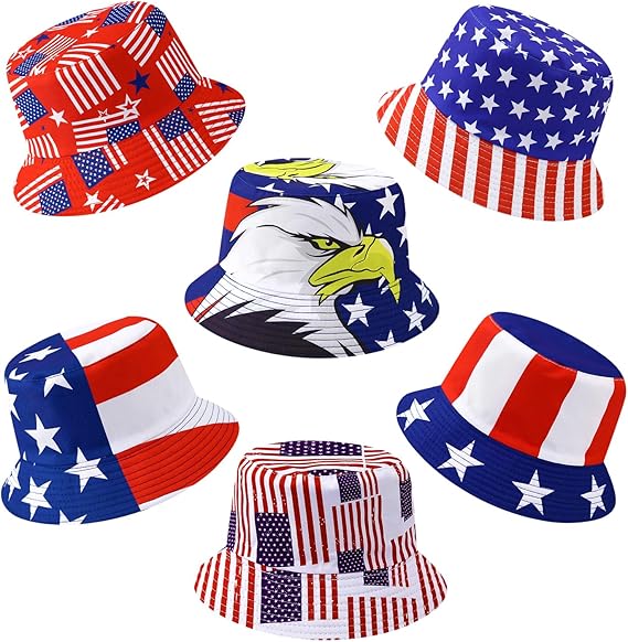 6 Pack Patriotic 4th of July Party Hats, American Flag Bucket Hats, USA Decorations Patriotic Hats Props, Red White and Blue USA Party Hats Accessories, Reversible Bucket Hats for Outdoor