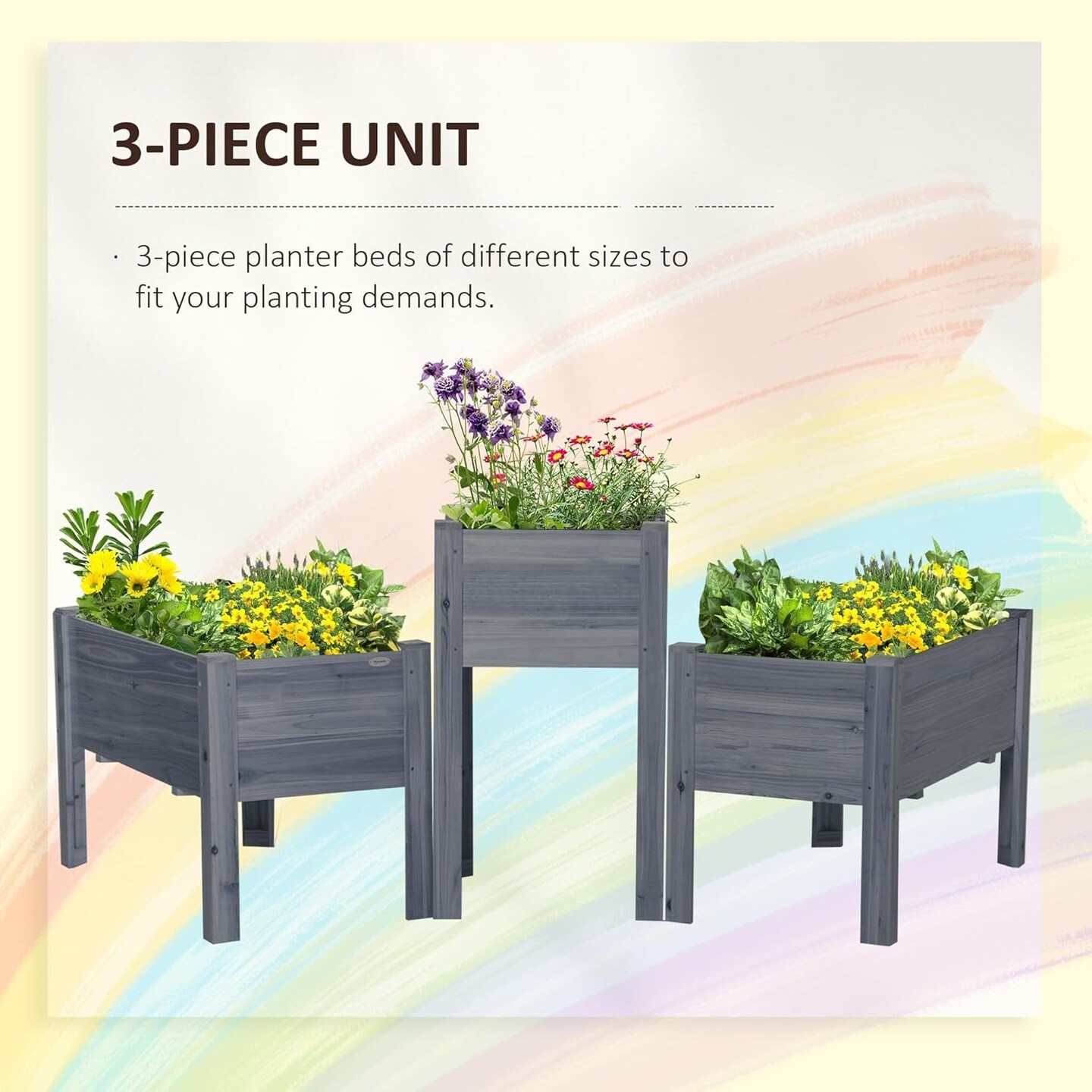 Set of 3 Wood Raised Garden Beds with Legs &#x26; Liners