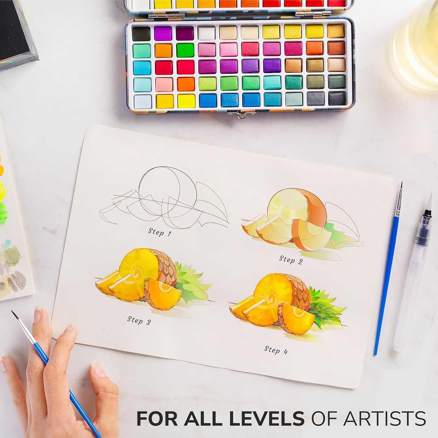 Watercolor Paint Set with 100 Colors - Water Color Pallet Adult &#x26; Kids with 3 Brush Pens - Vibrant, Neon, Pastel &#x26; Metallic Watercolor Paint