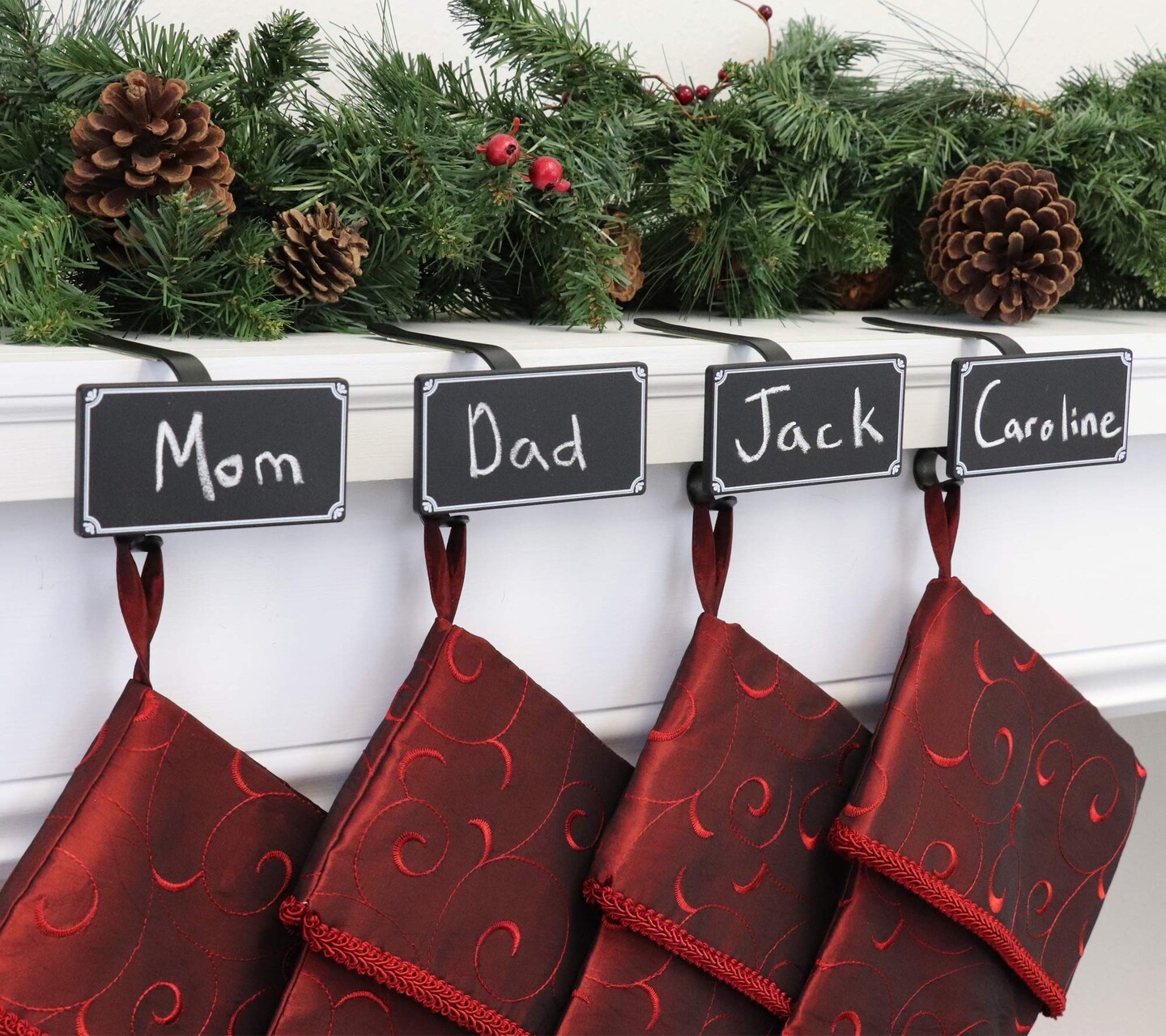 Haute Decor The Original MantleClip� Stocking Holder with Chalkboard Icons 4-Pack (Black) - Personalize Your Christmas Stocking Hangers with Names