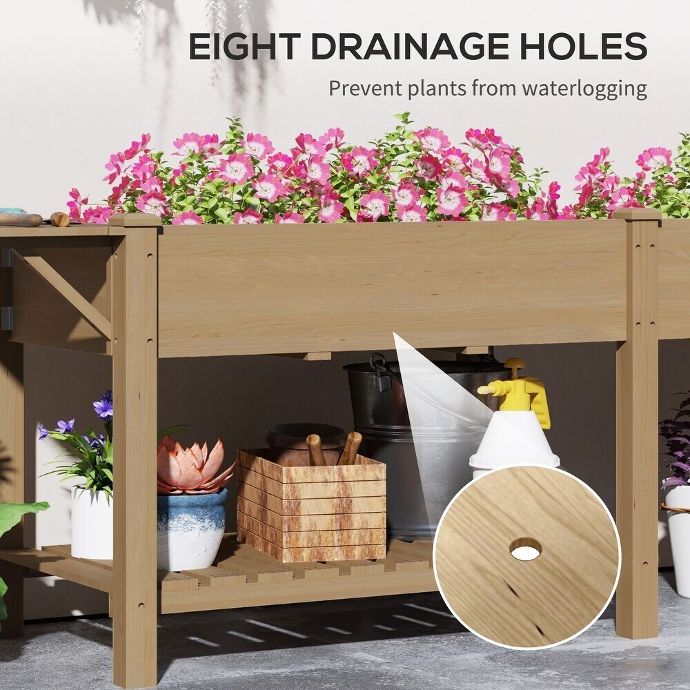 Wood Raised Garden Bed with Side Table, Bottom Shelf &#x26; Drainage Hole