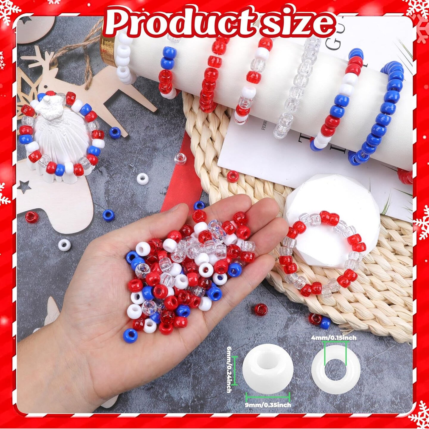 Red White Blue Glitter Pony Beads for Bracelet 1000 Pcs Plastic Beads for Friendship Bracelets 6x9mm Large Hole Beads for Hair Braiding Transparent Beads Necklace Earrings Jewelry Making