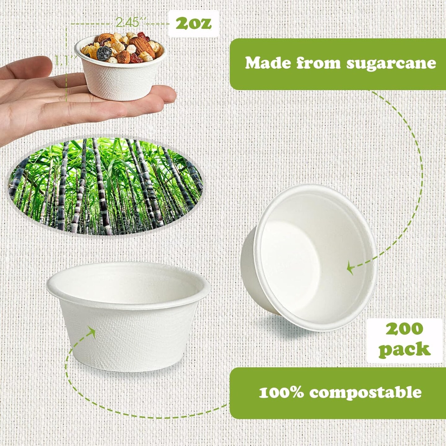 200 Pack 2 oz Compostable Portion Cups, 100% Biodegradable Souffle Cups, Disposable Paper Cups for Condiment Samples