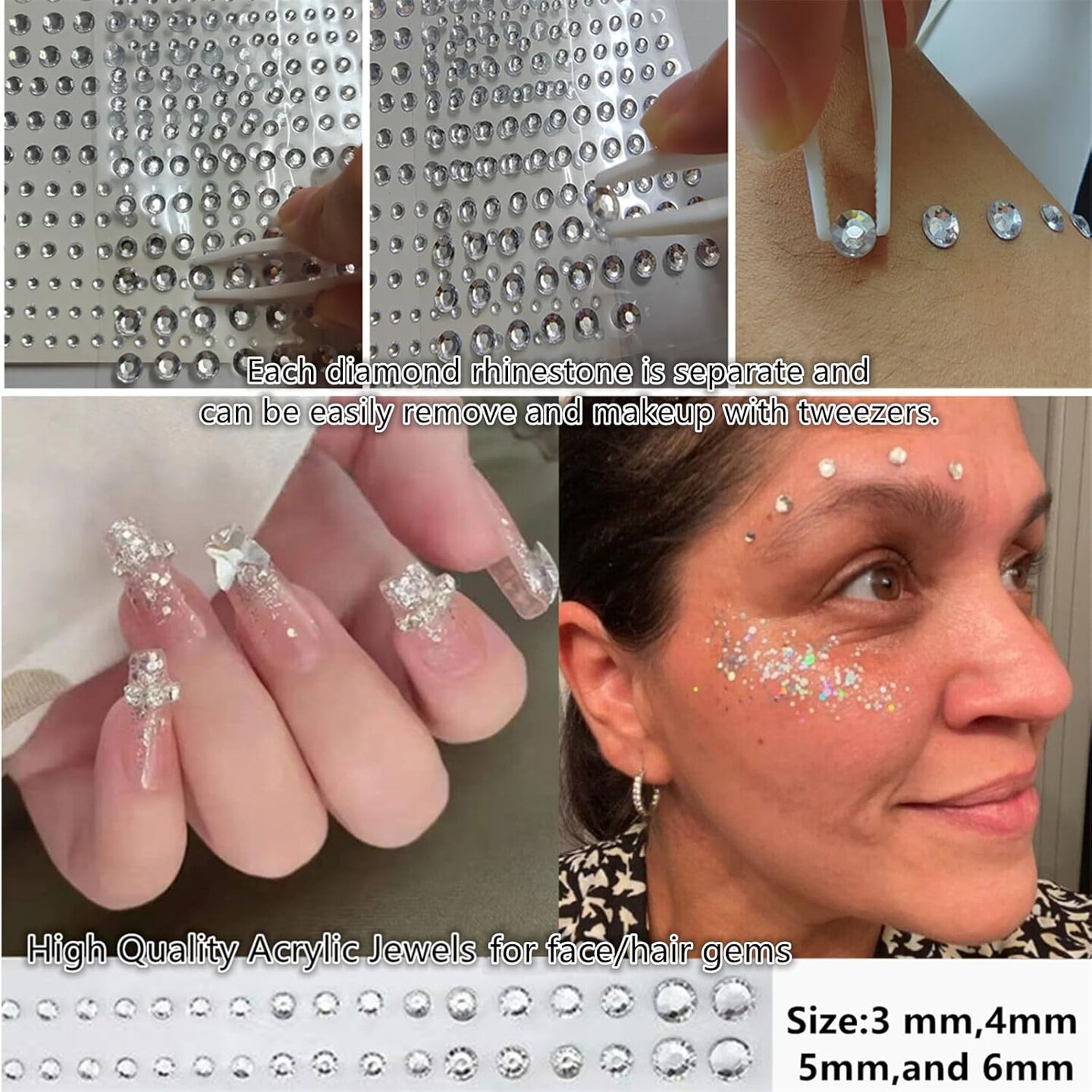 3 Sheets of Self Adhesive Face/Hair Gems Rhinestones,Eye Gems Diamonds Crystals Hair Jewels Stick on,Face Jewels for Singer Concerts,Festival Rave Accessories,White Rhinestone Stickers