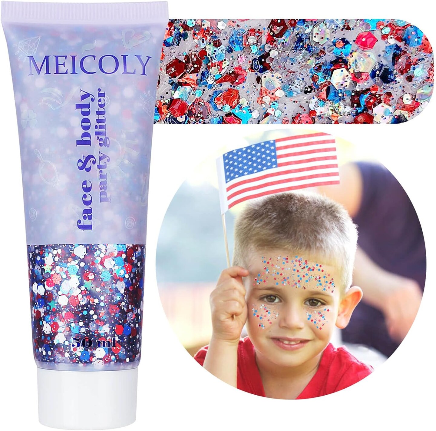 Red White and Blue Body Glitter,4th of July Accessories,4th of July Outfits for Women Kids,Fourth of July Patriotic Face Glitter for Independence Day President's Day Patriotic Veterans Day