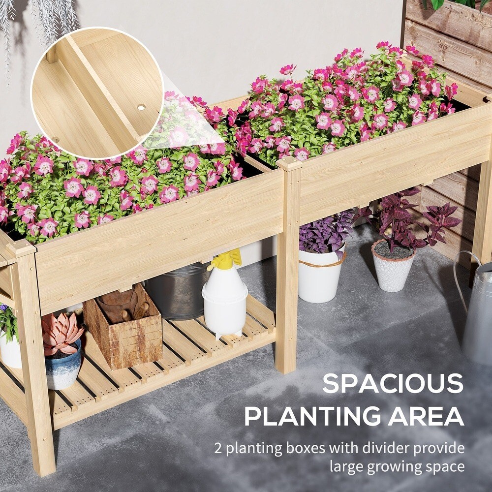 Wood Raised Garden Bed with Side Table, Bottom Shelf &#x26; Drainage Hole