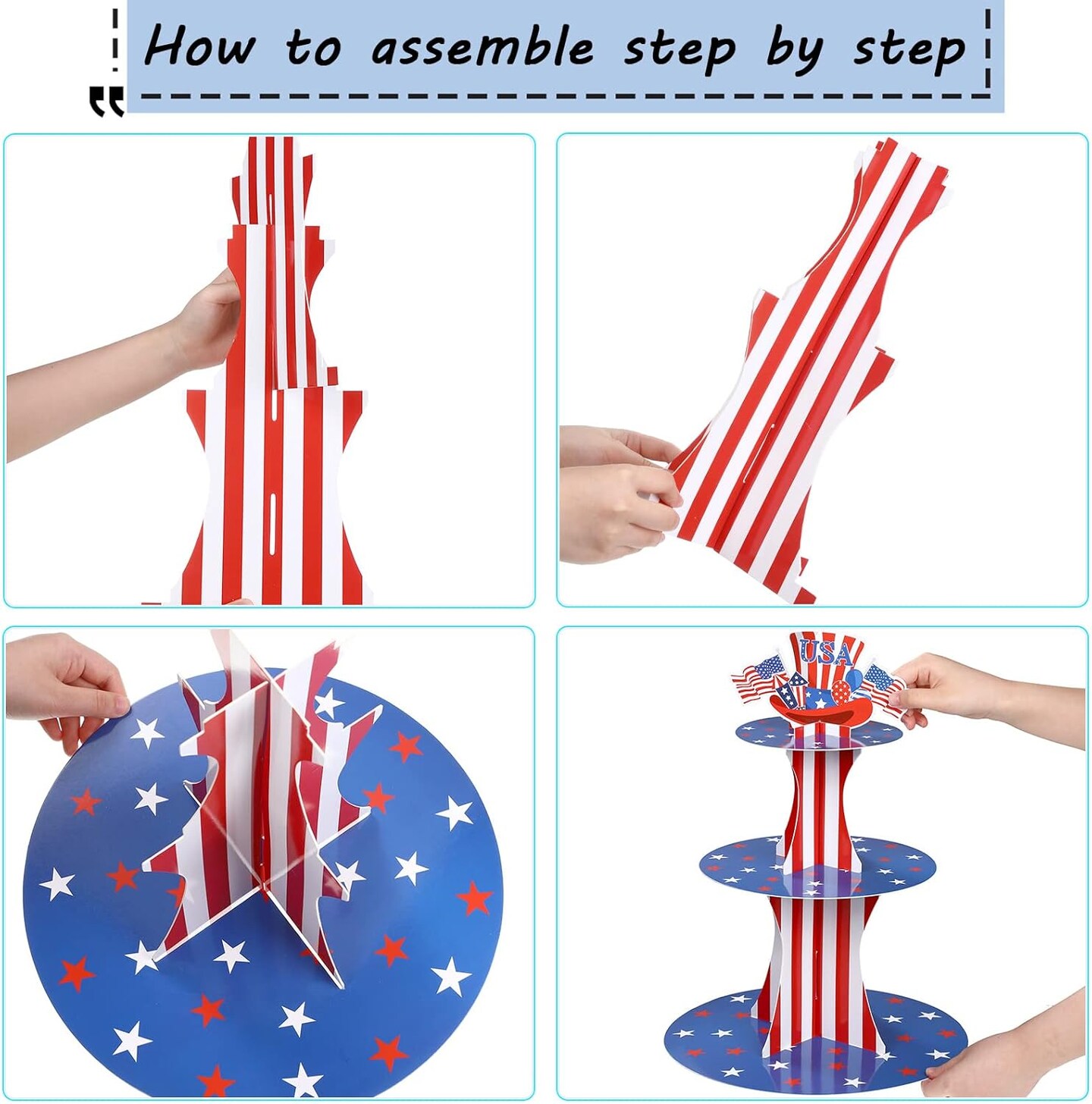 4th of July Cupcake Stand 3 Tier Patriotic Cardboard Cup Cake Holder Stand Independence Day Dessert Tower Display USA American Flag Star Pastry Serving Platter for Veterans Day Memorial Day Decor