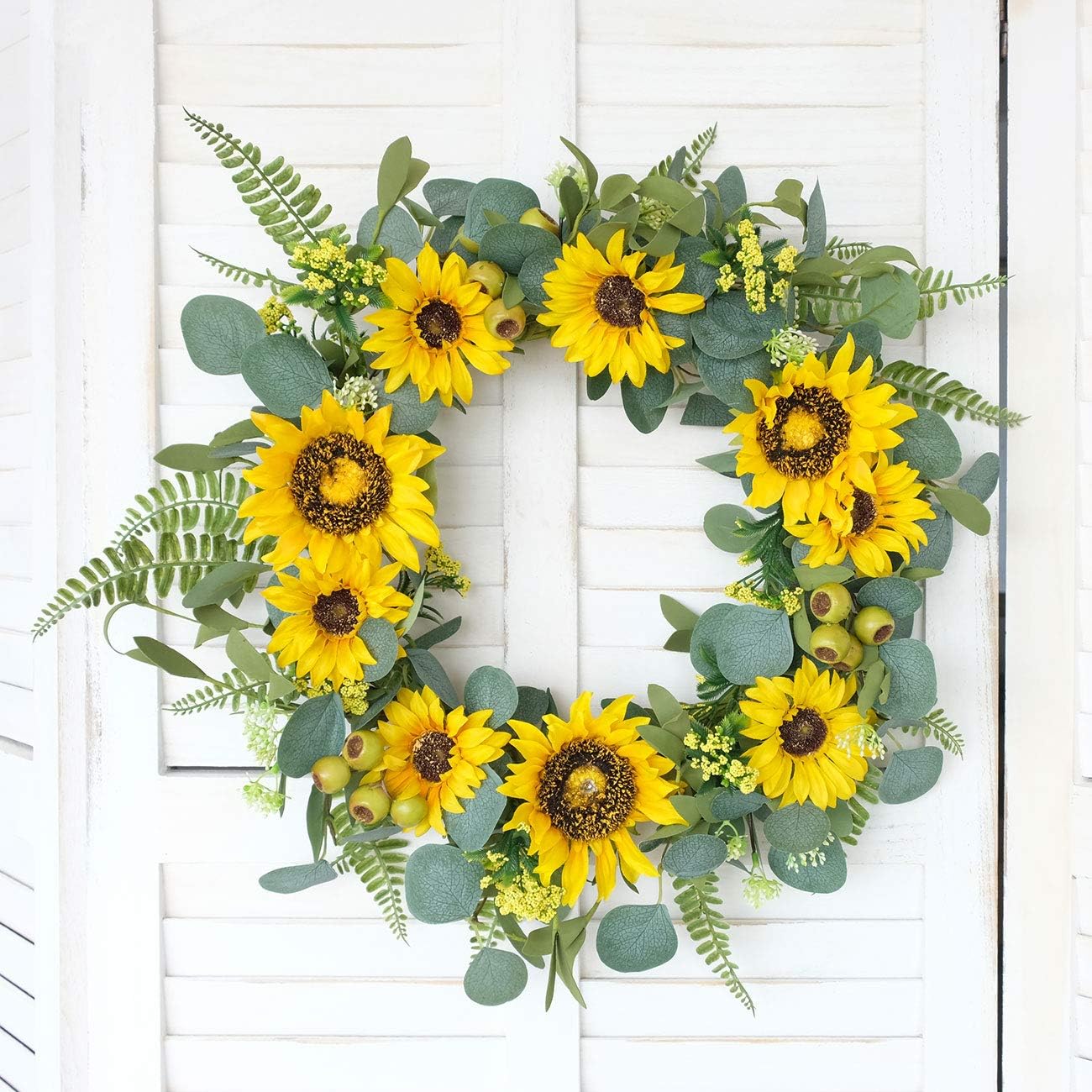 18”Artificial Sunflower Spring Wreath Rustic Farmhouse Decorative Floral Wreath for Front Door Window Wedding Outdoor, Yellow