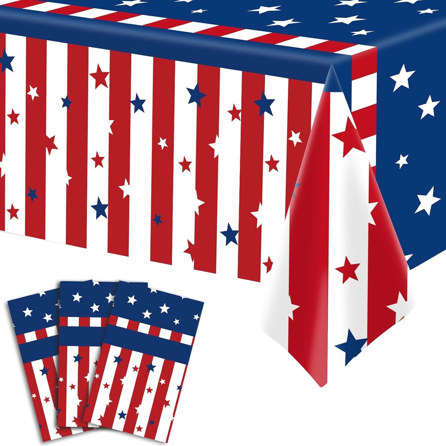 3-Piece 54 x 108 Inch American Flag Plastic Tablecloth - Stars and Stripes Design, Disposable Rectangle Table Cover for Dining, Picnic