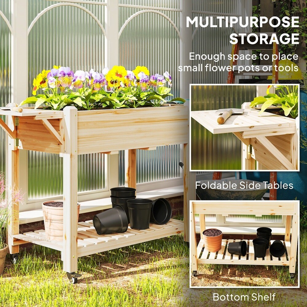 Wood Raised Garden Bed with Lockable Wheels, Side Tables, Bottom Shelf &#x26; Liner