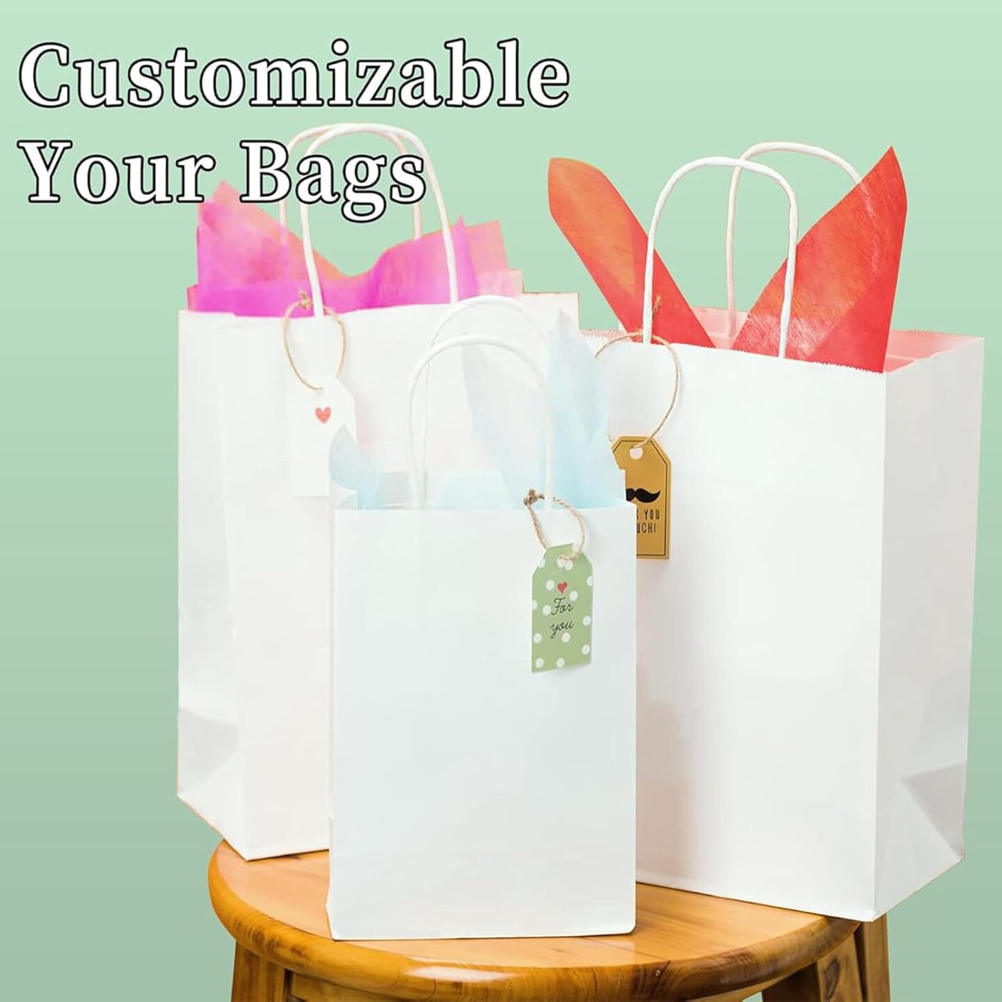 White Paper Bags with Handles Bulk 8&#x22;x4.5&#x22;x10.8&#x22; 100Pcs Gift Bags Medium Size, White Gift Bags with Handles, Gift Bag Bulk for Retail, Party, Shopping, Merchandise