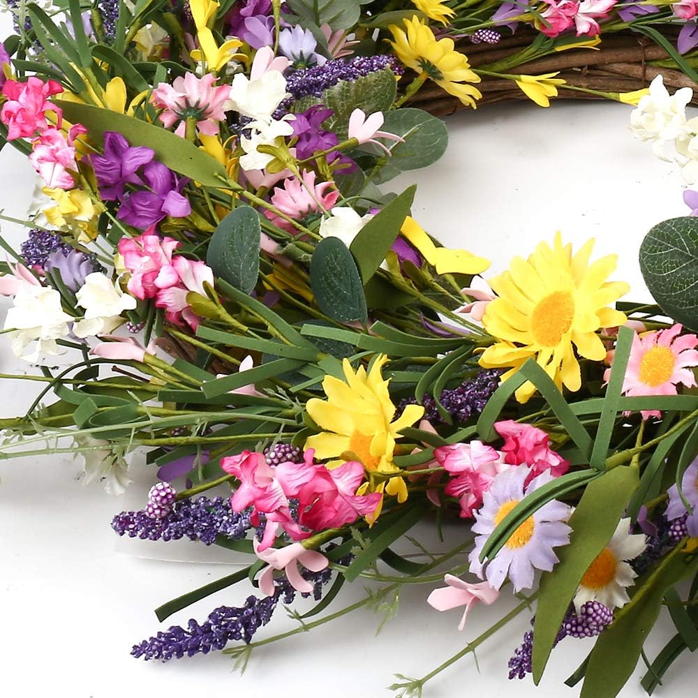 Summer Wreath 24 Inch Summer Wreaths for Front Door Artificial Flower Wreath with Daisy and Lavender for Indoor Outdoor and Easter Celebration